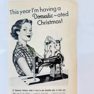 1949 Smiling Housewife Sewing Machine Domestic-ated Xmas Original Retro PRINT AD